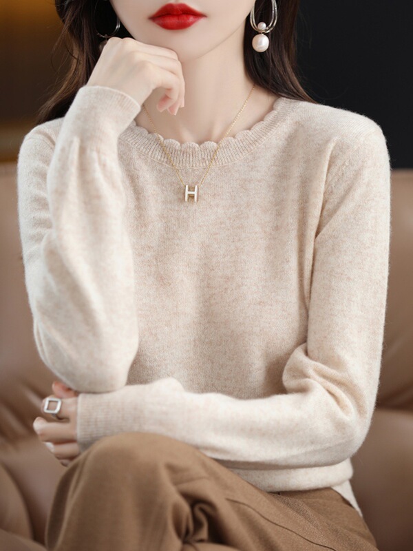 Soft and Casual Lace Woolen Sweater Round Neck Bottoming Sweater for Women New Style Autumn and Winter Sweater Long-Sleeved Sweater Loose