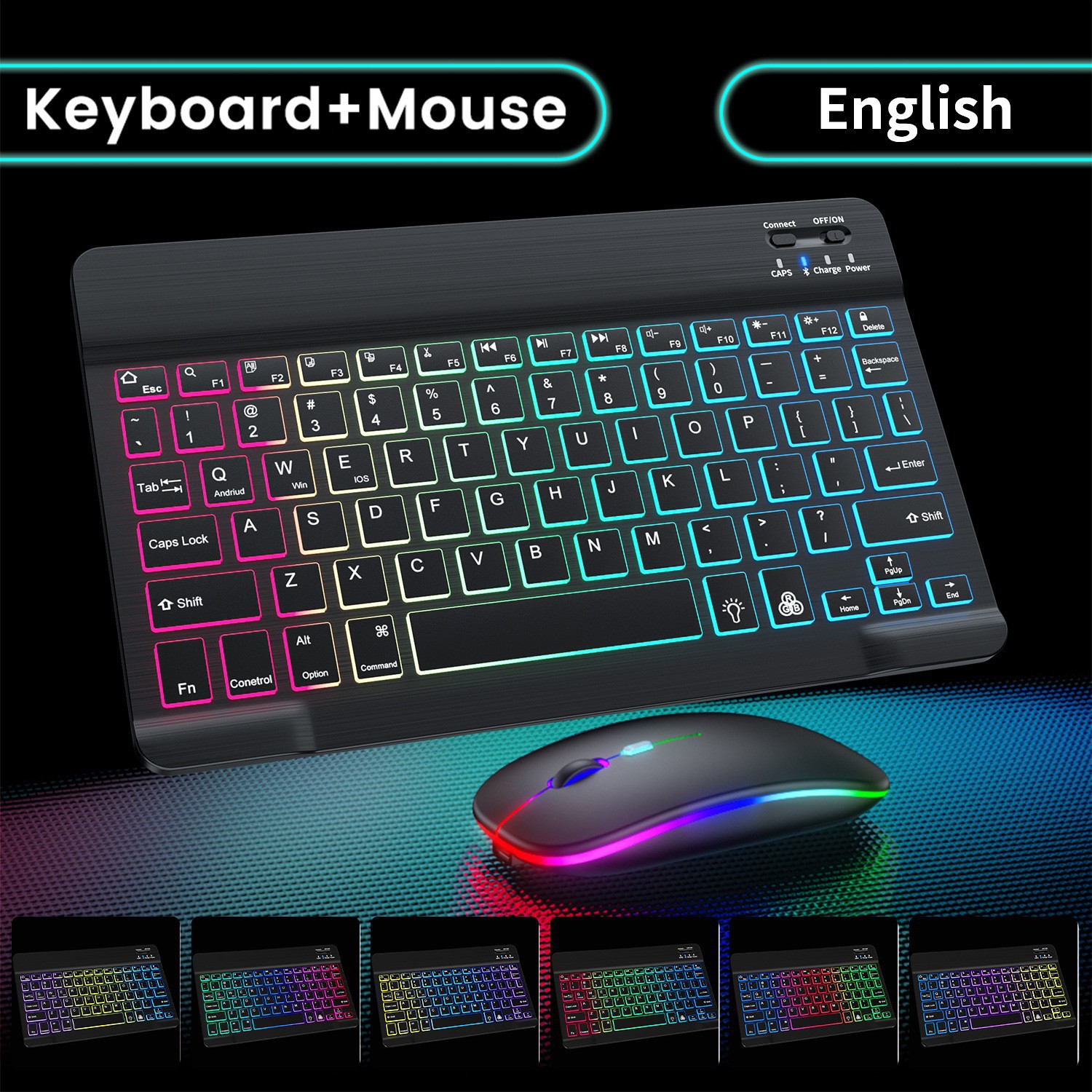 Teclado retroiluminado inalámbrico Bluetooth para iPad teléfono móvil tableta RGB colorido gradiente luminoso teclado ratón traje
