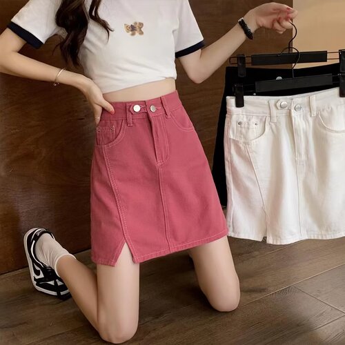 High-waist denim short skirt for women spring and autumn new style a-line skirt slim and versatile large size black hip-covering slit skirt