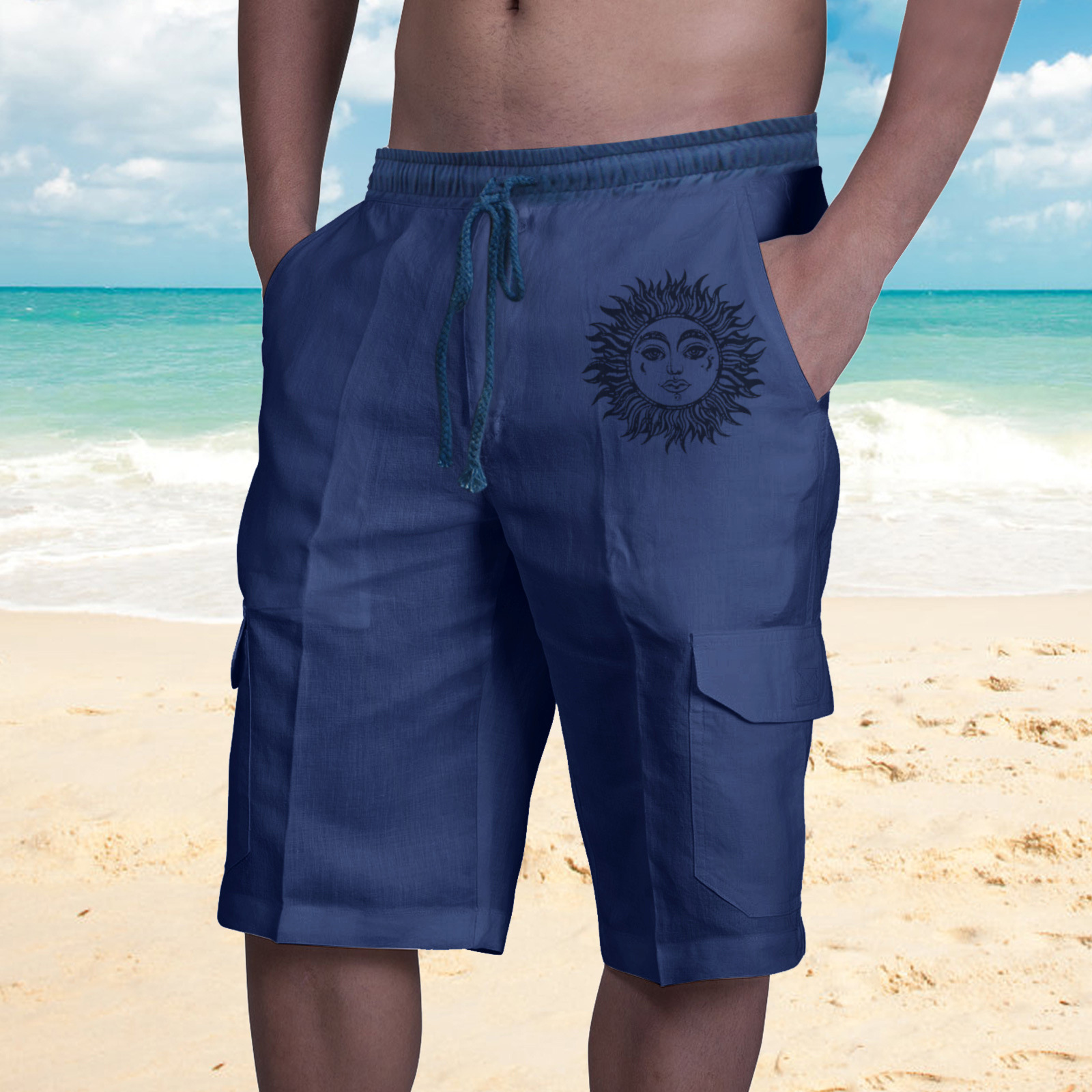 2022 Amazon estación independiente nuevos pantalones cortos de lino transfronterizos europeos y americanos multi-Bolsa de encaje de playa de los hombres monos