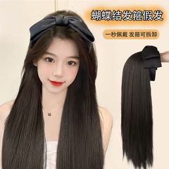 若蘭ウィッグ 女性用ロングヘア 蝶結びヘアバンド ショートヘア一体型 シミュレーションファッション 自然なシームレスロングストレートヘアピース