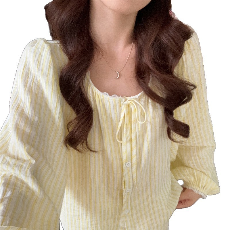 2025韩系ins秋季新款条纹简约舒适花边长袖睡衣套装休闲家居服女|undefined