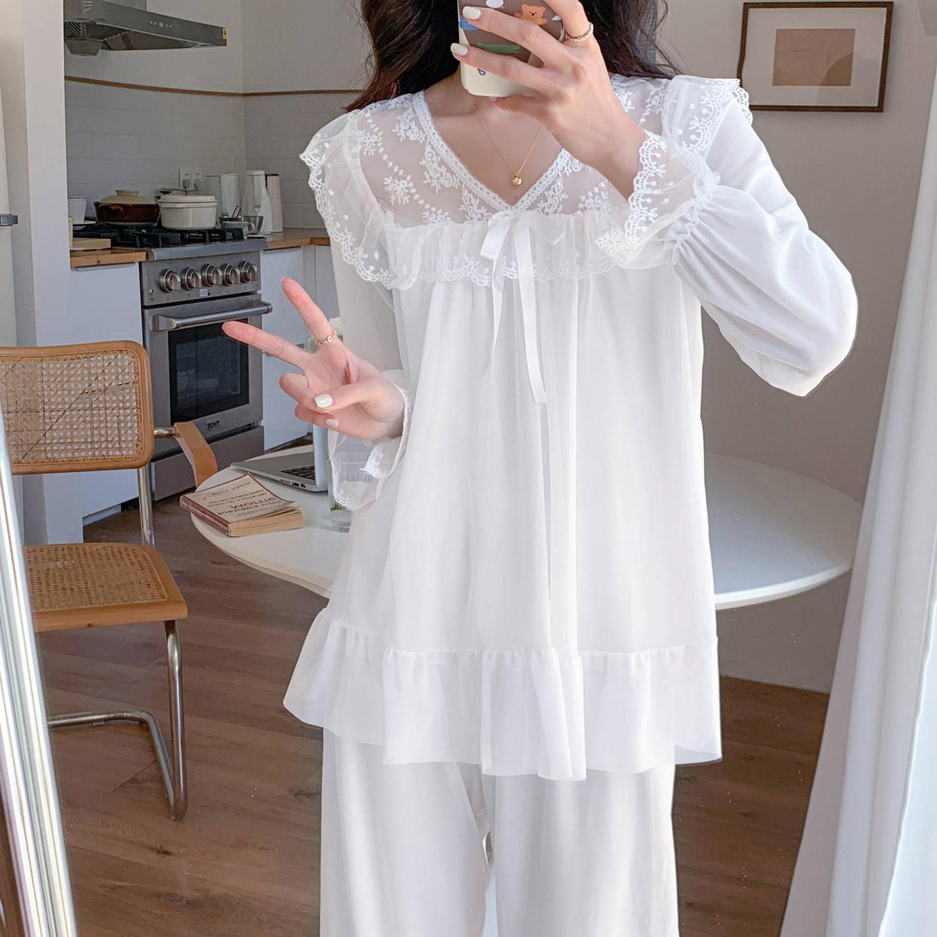 느슨한 슬리밍 잠옷 봄과 가을 새로운 공주 스타일 긴 소매 바지 세트 달콤한 레이스 화이트 메쉬 홈 옷