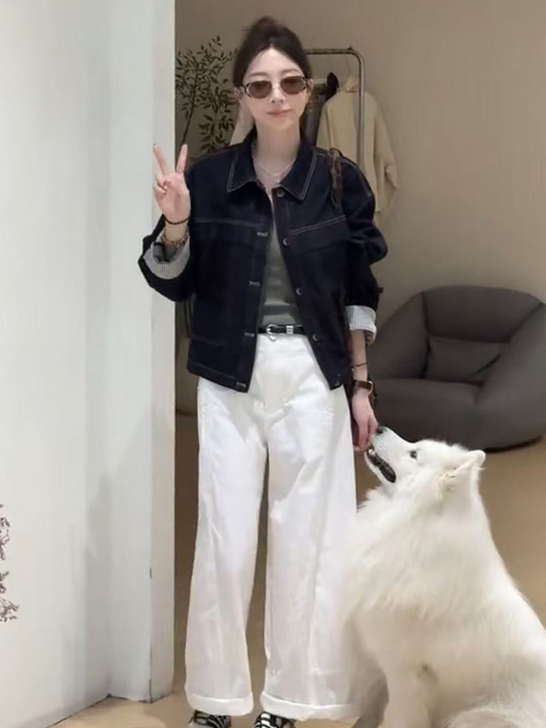 韩版设计感牛仔短外套女2025秋季新款袖口格子拼接小个子百搭上衣|undefined