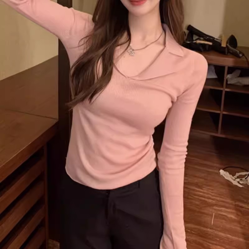 高级螺纹polo翻领针织毛衣女春季秋装V领法式内搭长袖打底衫上衣|undefined