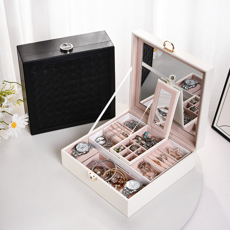 新款大容量项链首饰收纳盒带大镜子可分离化妆箱含便携珠宝首饰盒