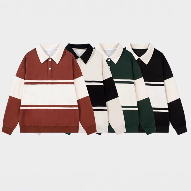 350g Heavyweight Double-Sided Composite Plain Weave Color-Blocked Striped Polo Sweatshirt Workwear with Logo Printing 350g Heavyweight Double-Sided Composite Plain Weave Color-Blocked Striped Polo Sweatshirt Workwear with Logo Printing