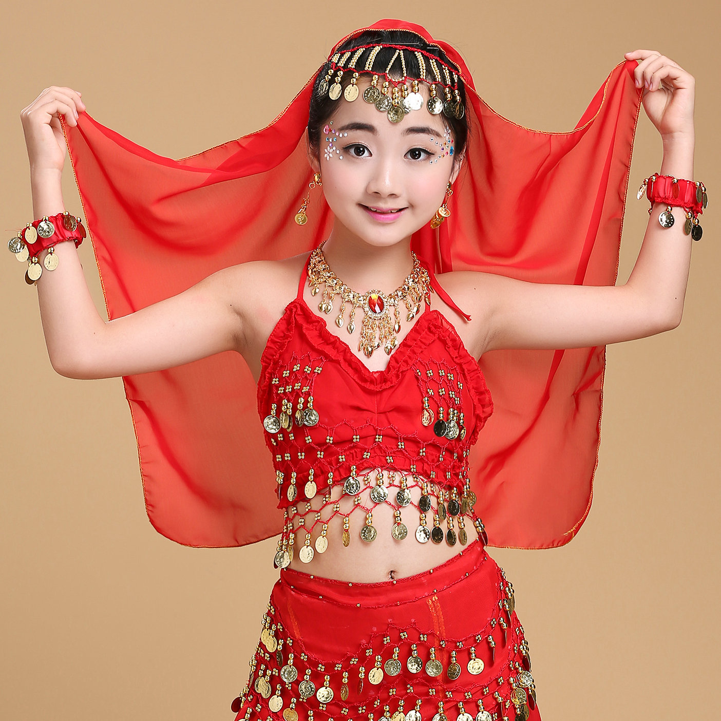 New children's Indian dance costumes, belly dance performance accessories, headwear, scarves, necklaces, earrings, and bracelets.