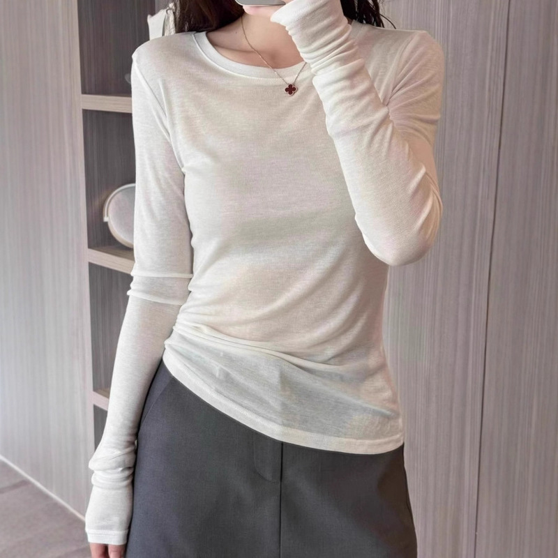 轻薄圆领设计小众咖色微透防晒长袖T恤女秋季薄款罩衫打底衫上衣|undefined