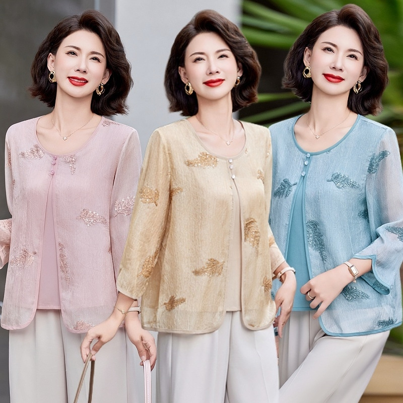 새로운 중국 스타일 엄마 2025 새로운 티셔츠 슬리밍 탑 중년 및 노인 스타일 더블 레이어 쉬폰 여성 루즈