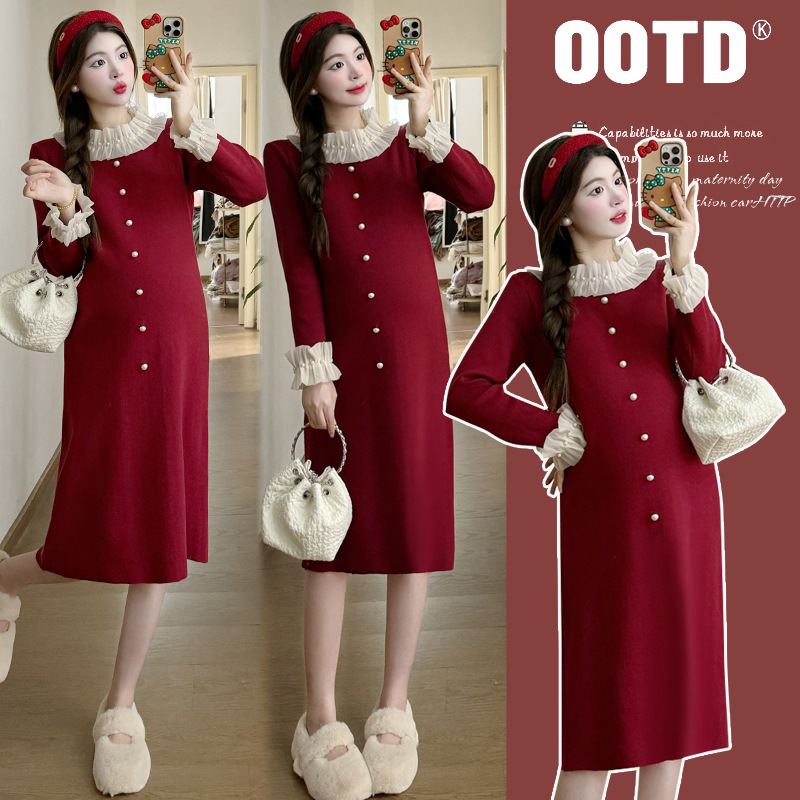 Maternity dress 2024 autumn and winter New French elegant Christmas sense loose all-match knitted thickened sweater maternity dress