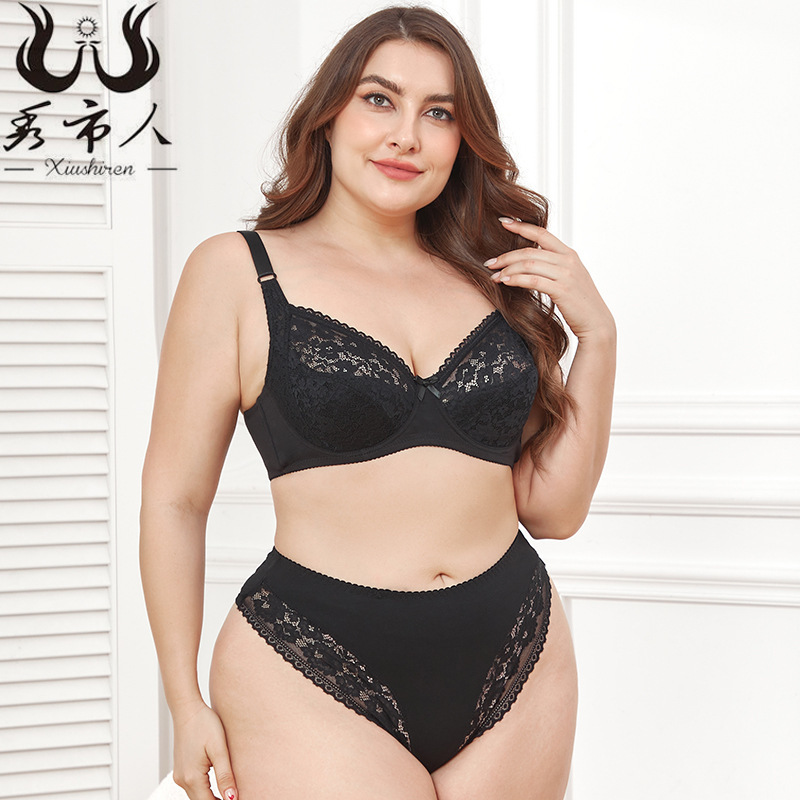 Foreign Trade Large Size Lace Bra Set Women's Sexy Thin Cup Underwear Light Mid-Low Waist Thong Wholesale