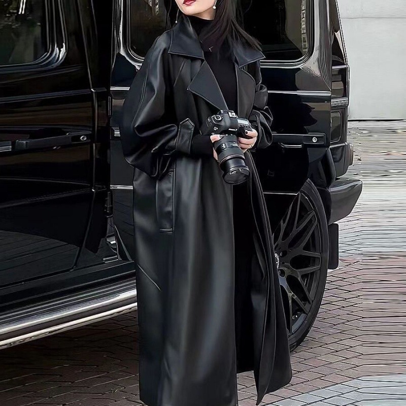 2026 Autumn/Winter Elegant Long Over-The-Knee Fleece-Lined Leather Jacket for Women, New Loose Biker Coat, High-End Trench Coat for Women