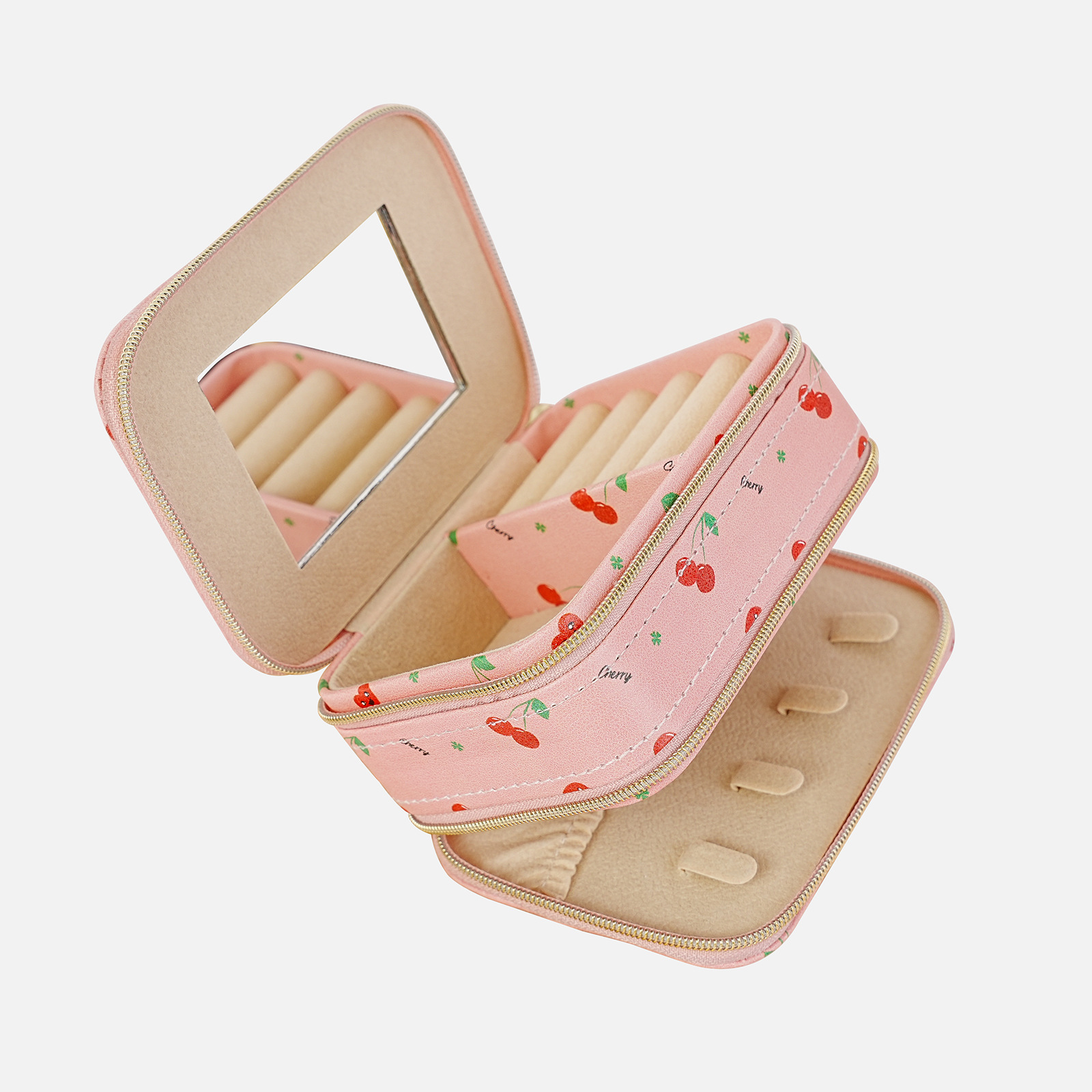 Impresión de doble cremallera caja de joyería anillo perno pulsera con espejo bolsa de joyería portátil con cremallera