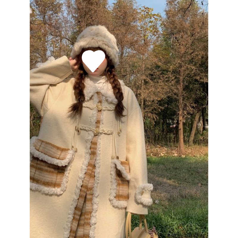 가을과 겨울 새로운 격자 무늬 바느질 우유 살구색 모직 코트 틈새 올 매치 코트 달콤한 우아한 디자인 세트