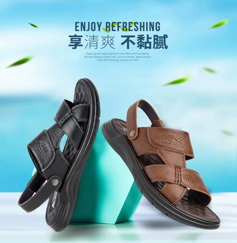 Dép sandal nam da bò hở ngón gót bằng 2,5 cm thoáng khí chống trượt — Kaki, Màu đen chi tiết 2