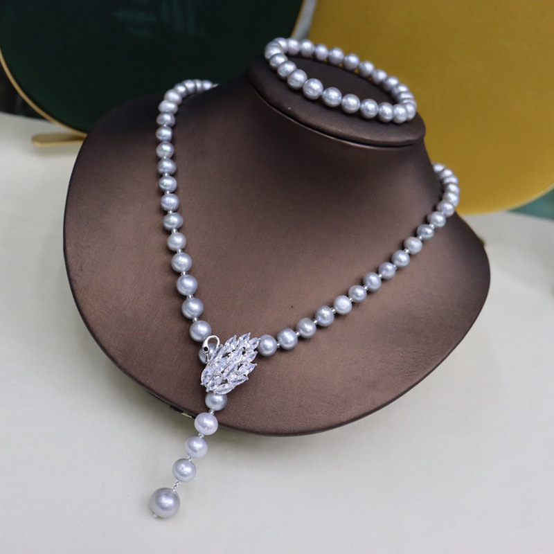 Freshwater Pearl Necklace Set for Women, Near-Round with Slight Imperfections, Swan Style, 18K Gold-Plated, Full Diamond Zircon Micro-Inlaid 360