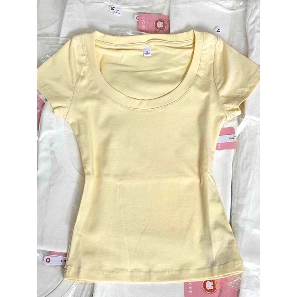 Fashionable U-Neck Short-Sleeve Top That Reveals Collarbone, Slim Fit, Dopamine T-Shirt for Women, Summer 2026
