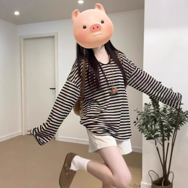 复古防晒宽松百搭长袖T恤女夏季2025新款休闲显瘦条纹中长款上衣|undefined