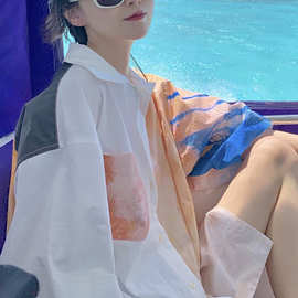 不规则油画印花短袖衬衫女设计感小众宽松polo领中性风上衣2025夏