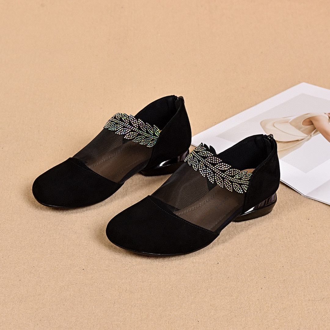 Sandal da lộn khoét lỗ mũi tròn gót vuông thấp đế mềm — đen chi tiết 9