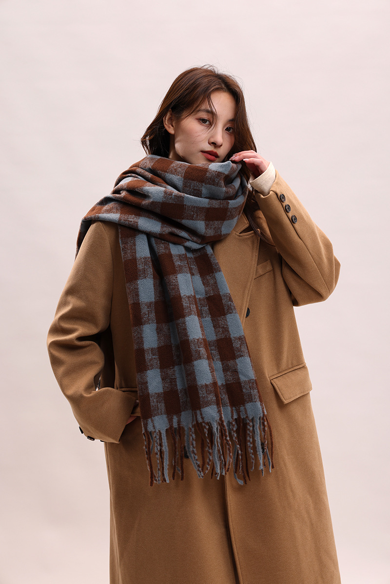 Sciarpa a quadri da donna autunno inverno sensazione avanzata spessa e calda collo frangia versatile studente moda INS_voghion.com