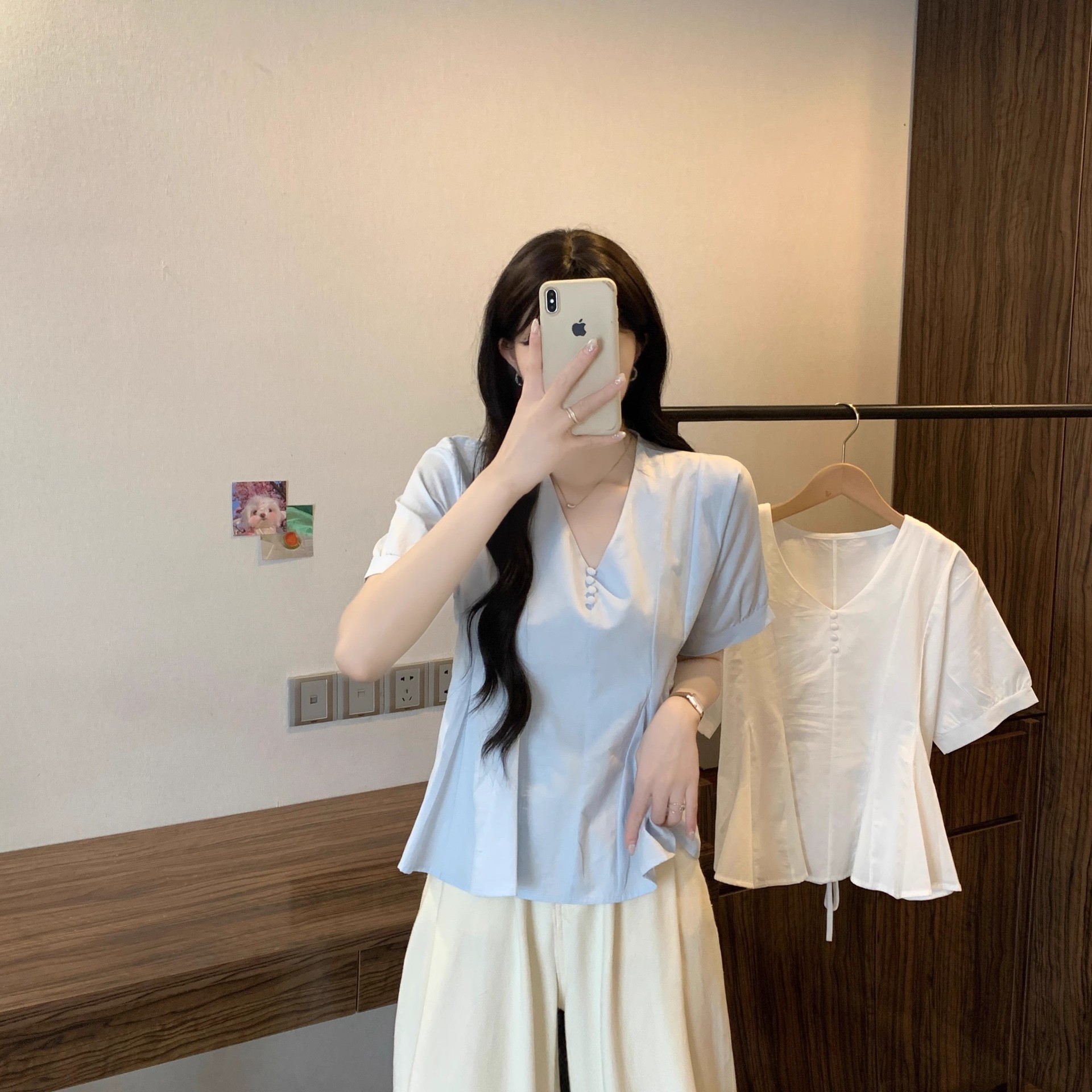 Áo sơ mi nữ cỡ lớn tay ngắn màu xanh lam dáng suông che khuyết điểm — Màu xanh lam chi tiết 1