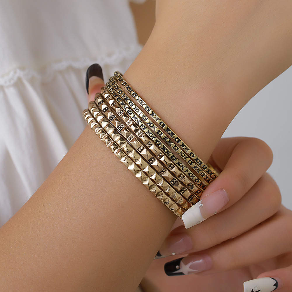 Gioielli 2 pezzi: braccialetto in metallo antico da donna con combinazione di 7 modelli di battiti semplici_voghion.com