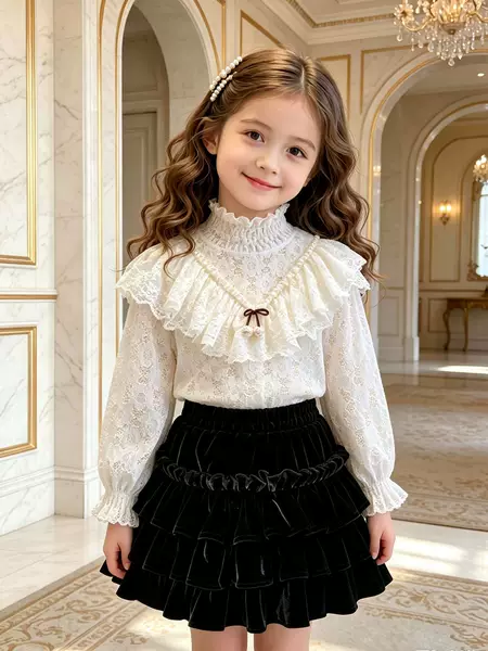 Fleece-lined warm girls' autumn and winter base shirt with high collar, ruffled edges, bow tie, princess style, versatile top for older children