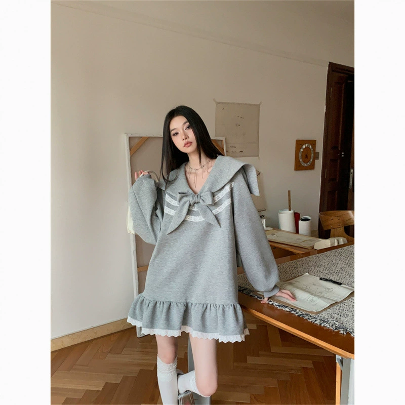 Свободное платье с галстуком-бабочкой для похудения, платье с длинными рукавами, весенняя новая милая толстовка с рюшами для девочек, короткая юбка