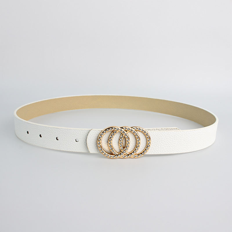 Spot transfronterizo moda europea y americana señoras oro 3 círculos hebilla de aleación de diamantes todo fósforo cinturón geométrico simple al por mayor