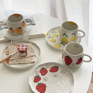 Ceramic Coffee Cup Saucer suit Strawberry Persimmon Orange Hand-painted Underglaze Color Tray Simple Vintage In
