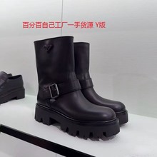 女款新款头层牛皮黑色厚底短靴女靴真皮高档P家乐福鞋女马丁靴女