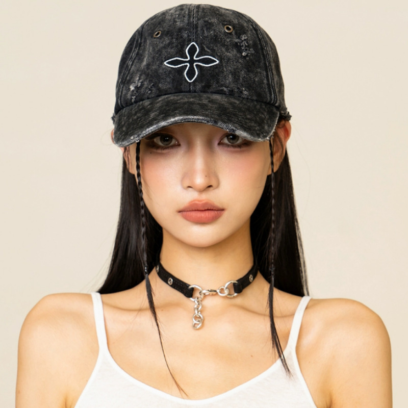 Smfk Cross Denim Baseball Cap Four-Color Embroider Distressed Casual Hat New Distressed Baseball Cap Adjustable Cotton