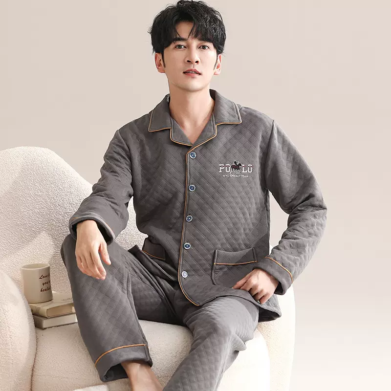 睡衣男秋冬纯棉透气薄款长袖长裤简约套装男春高级感家居服批发