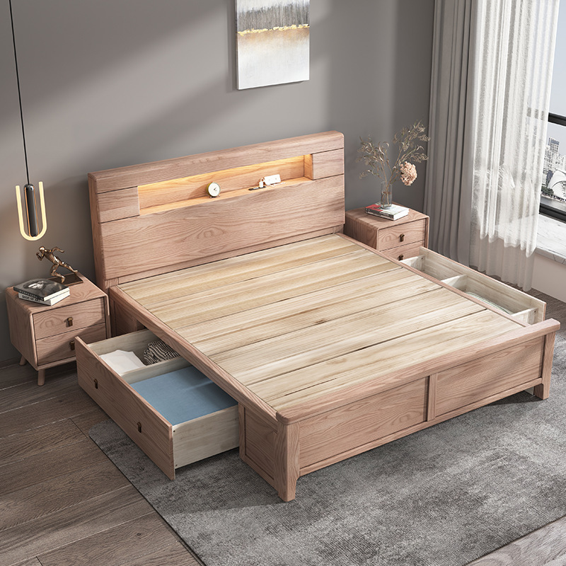 Cama de madera de cera blanca cama de madera maciza dormitorio principal 1,8 registro nórdico moderno estilo minimalista cama de madera maciza cama de presión de aire con cajón