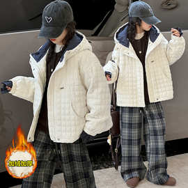 女童棉服2025新款儿童加厚冬装保暖加绒连帽格子拼色棉衣外套棉袄