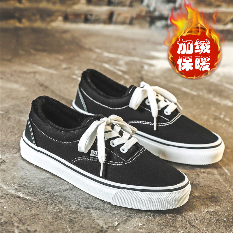 2025冬新款加绒帆布鞋情侣鞋平底保暖男女学生休闲港味复古棉鞋子