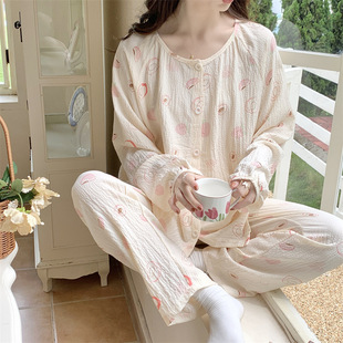 Cross-border Pajamas Women's Spring and Autumn Bubble Wrinkle Crewneck Cardigan College Style Long Sleeve Loose Sweet Cute Home Clothes suit