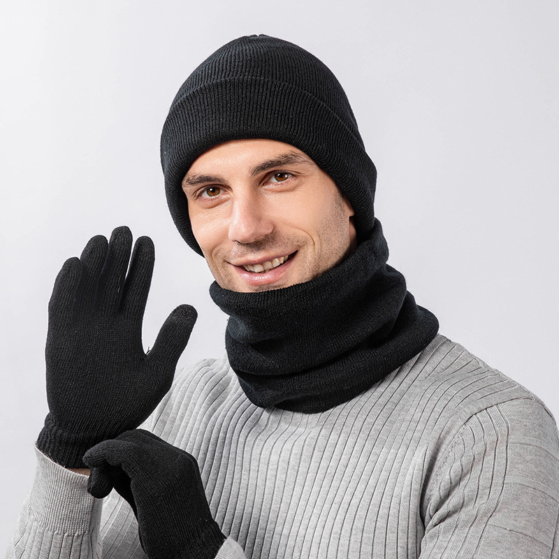 Neue Winter-Strickmütze aus Samt, Schal, Touchscreen-Handschuh-Set, unverzichtbar zum Warmhalten bei Schneewetter, Wollmütze, dicker Halsschutz für Herren_voghion.com