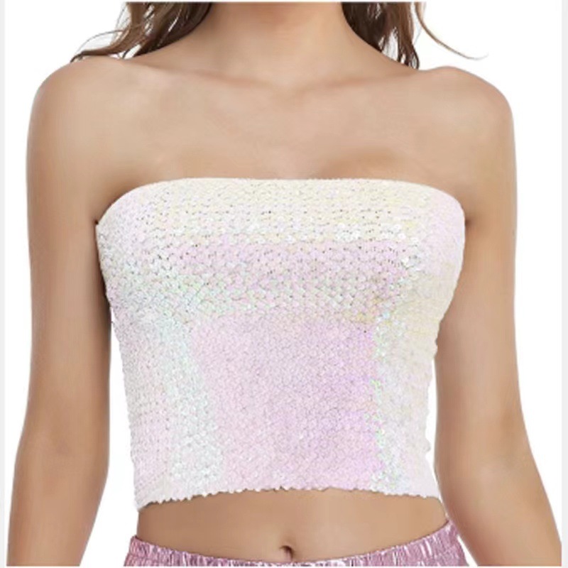 European and American Style Sequin Top Ds Performance Outfit Stage Costume Nightclub Glitter Inner Wear Performance Outfit Tube Top Bustier Tight-Fitting Sexy