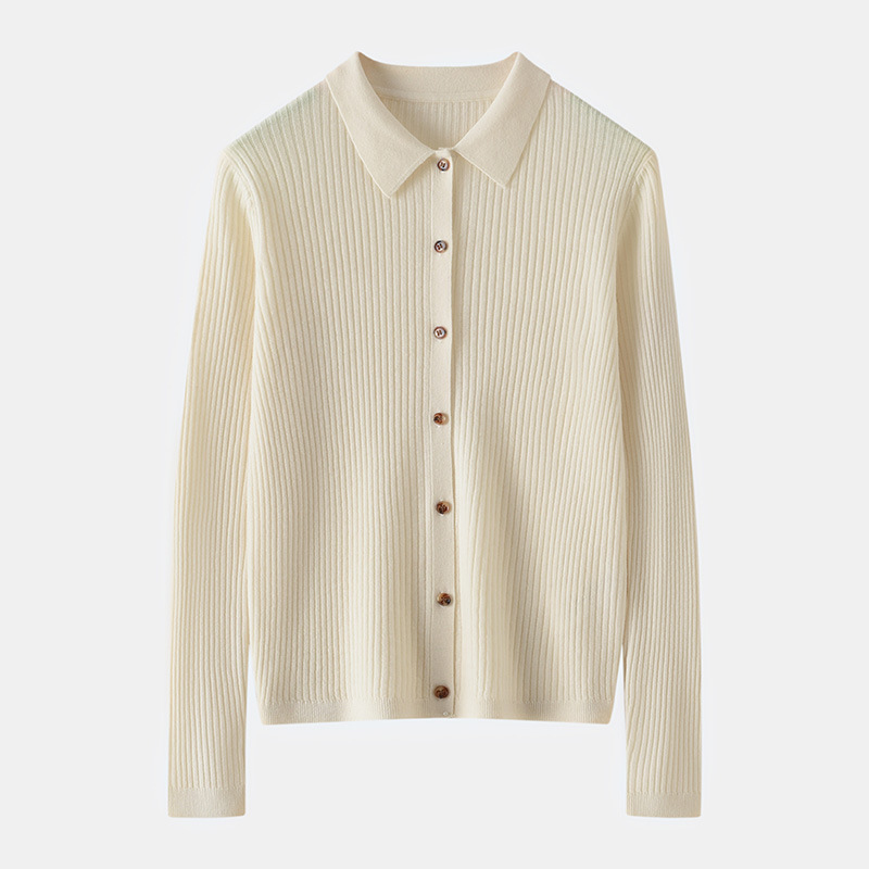 Fine-Spun 100 Fine Wool Polo Collar Knitted Cardigan Women's Jacket Slim Fit Long-Sleeved Thin Sweater with Simple Outerwear