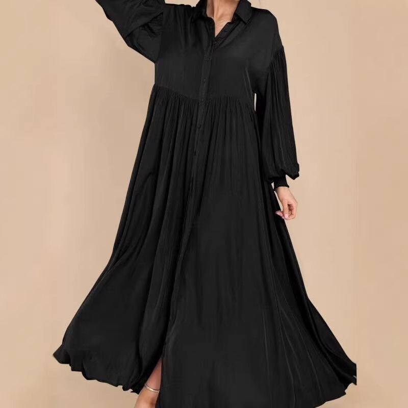 Cross-Border 2026 New Model Aliexpress Women's Casual Solid Color Button-Down Pleated Long-Sleeve Maxi Dress