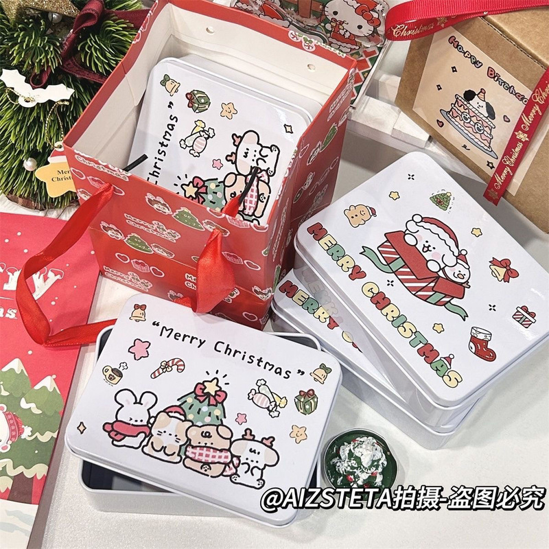Ins Christmas Iron Box Hand-painted Cute Puppy Paper Sticker Storage Student Hand Account Material Desktop Storage Box