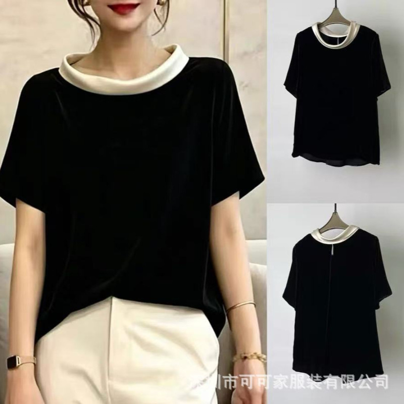 2026 Summer New Style 100% Mulberry Silk Elegant High-End Silk Velvet Round Neck Short-Sleeve Shirt Top for Women Trendy