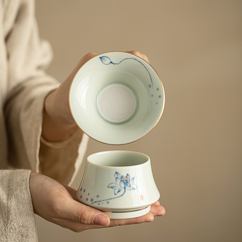 景德镇手绘釉下彩茶漏分茶器过滤茶杯茶具配件泡茶家用功夫茶陶瓷