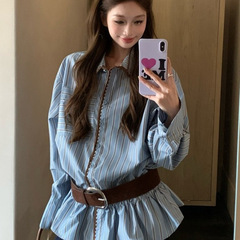设计感撞色条纹长袖衬衫女早秋小众休闲宽松衬衣POLO领感上衣