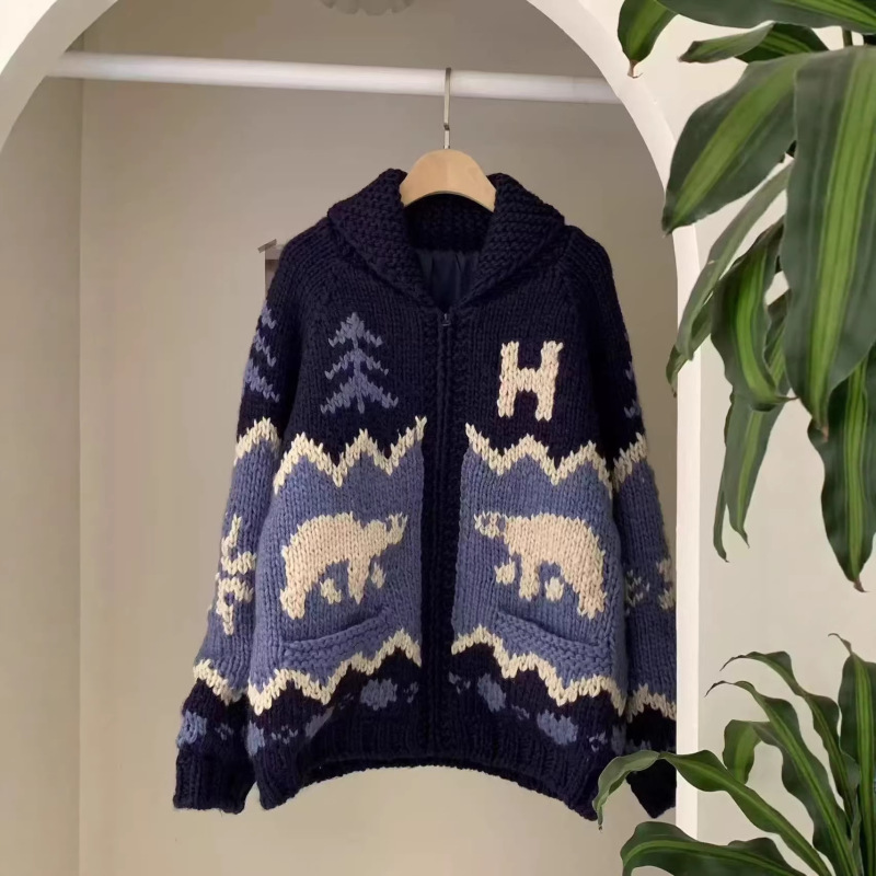 Autumn and Winter New Korean-Style Fair Isle Cross-Border Custom Warm Polar Bear Chunky Knit Handmade Heavyweight Sweater Coat