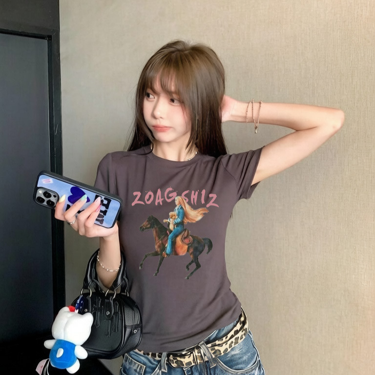 Brown New Creative Printed Pure Cotton Short-Sleeved T-Shirt for Women 2026 Summer Slim Fit Bottoming Shirt Short Top Brown New Creative Printed Pure Cotton Short-Sleeved T-Shirt for Women 2026 Summer Slim Fit Bottoming Shirt Short Top