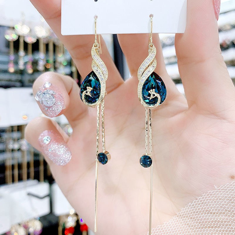 Elegant fashionable retro blue universal extra-long earrings